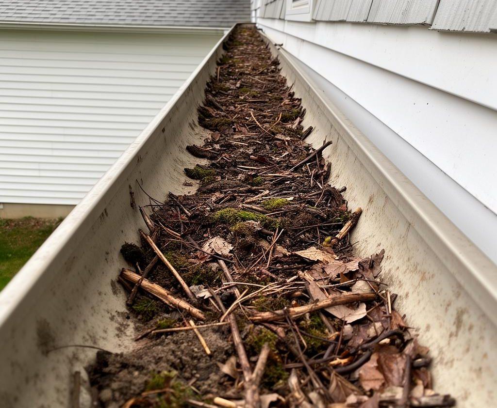 Gutter packed with fall leaves and twigs